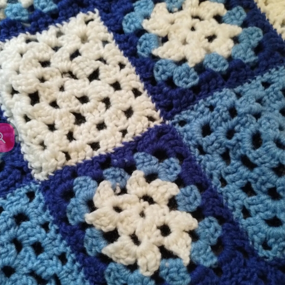 Granny Blue & White Square Afghan Crochet Throw Blanket 54”x94” Vintage Handmade - Picture 2 of 5